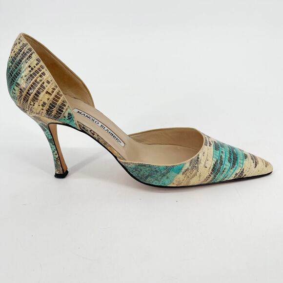 Manolo Balhnik Retro Turquoise Teju Lizard Pointed Toe D'Orsay Heel IT 39.5 - Picture 3 of 12